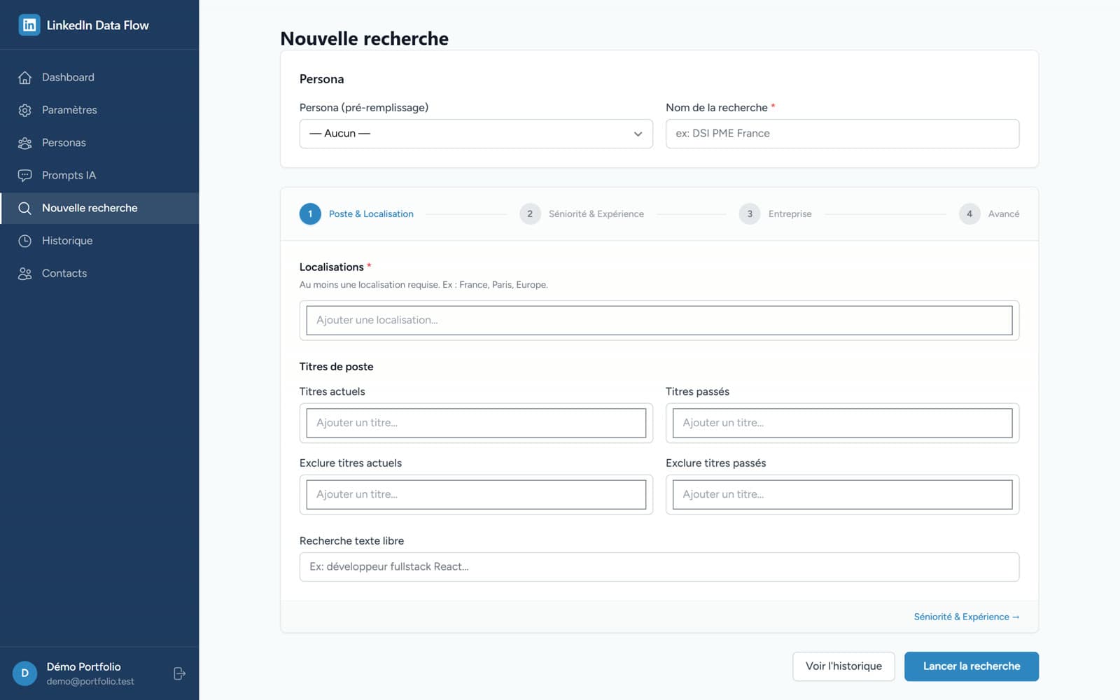 Formulaire de nouvelle recherche de prospects